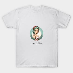 Retro Pin-up Girl with Santa Hat Illustration Art T-Shirt